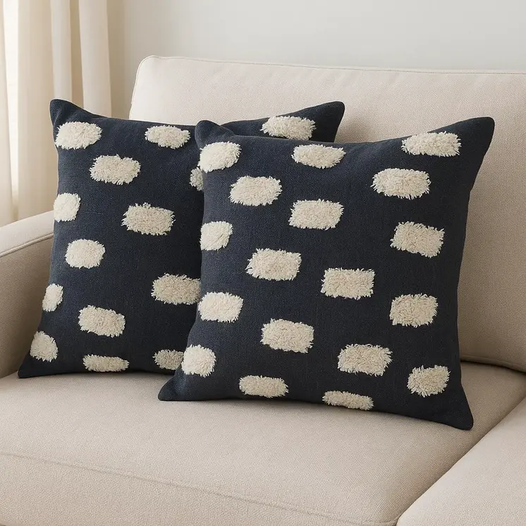 Set of Two 20" Dark Blue And Natural Polka Dot Cotton Throw Pillows with Texture