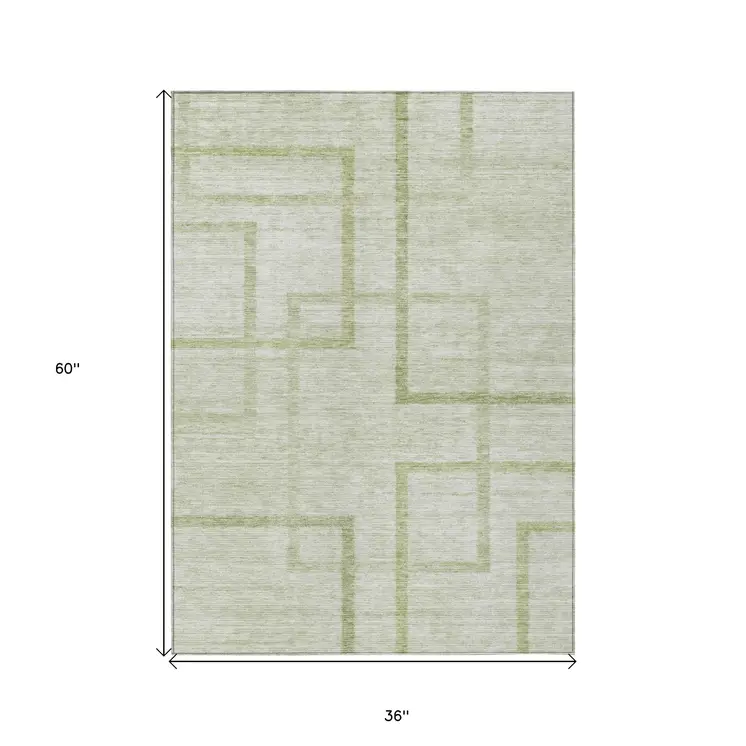 3' X 5' Artichoke Green And Green Geometric Washable Indoor Outdoor Area Rug