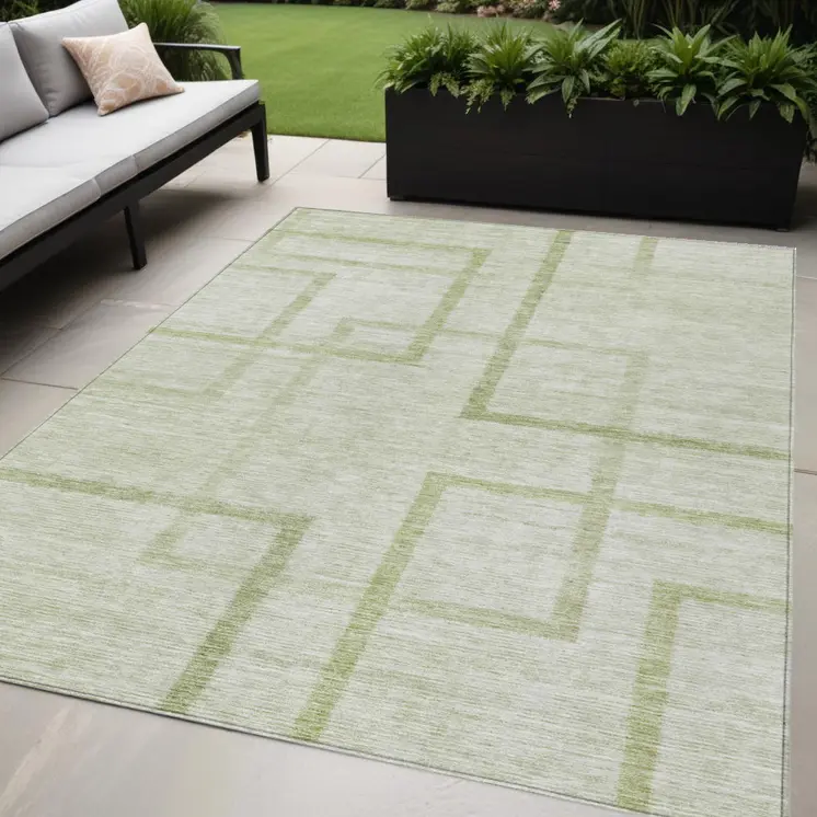 5' X 8' Artichoke Green And Green Geometric Washable Indoor Outdoor Area Rug