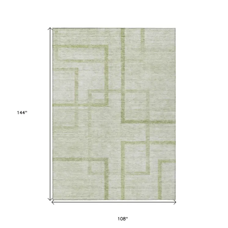 9' X 12' Artichoke Green And Green Geometric Washable Indoor Outdoor Area Rug
