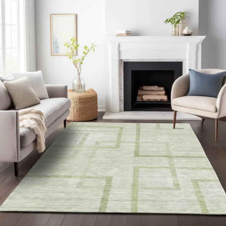 9' X 12' Artichoke Green And Green Geometric Washable Indoor Outdoor Area Rug