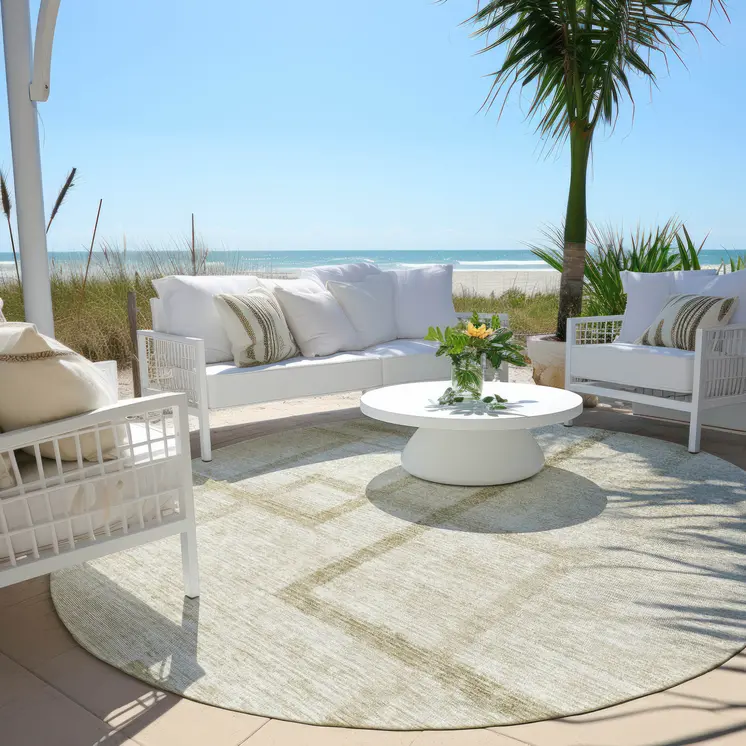8' Beige Tan And Taupe Round Geometric Washable Indoor Outdoor Area Rug