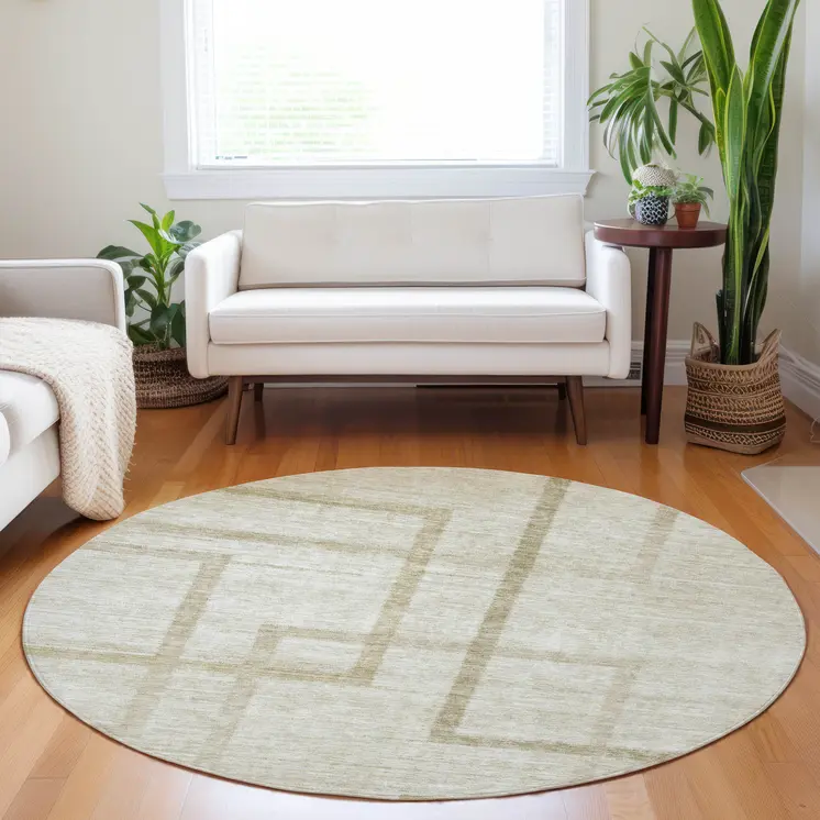8' Beige Tan And Taupe Round Geometric Washable Indoor Outdoor Area Rug