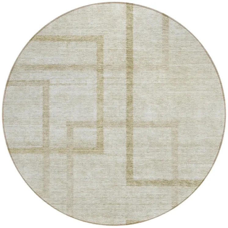 8' Beige Tan And Taupe Round Geometric Washable Indoor Outdoor Area Rug