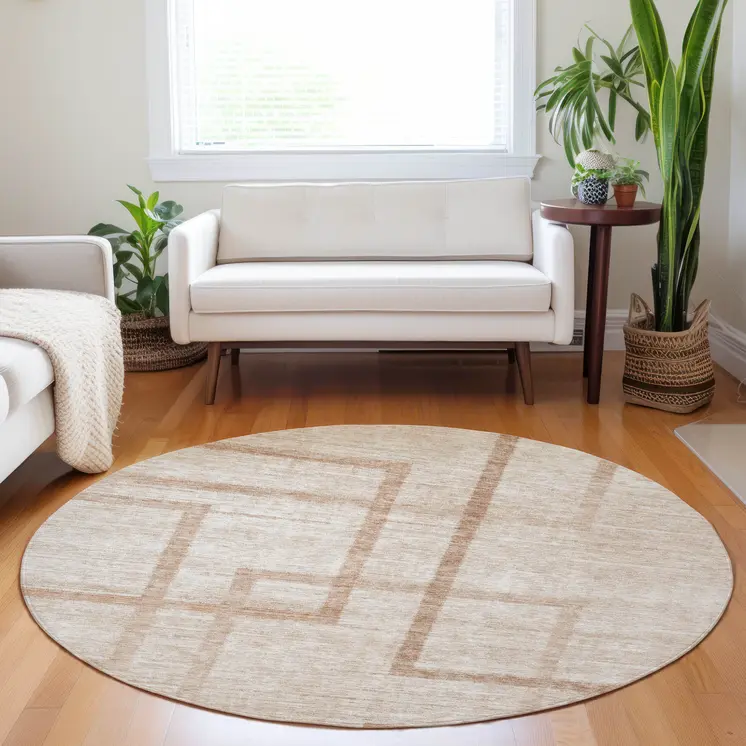 8' Copper And Brown Round Geometric Washable Indoor Outdoor Area Rug