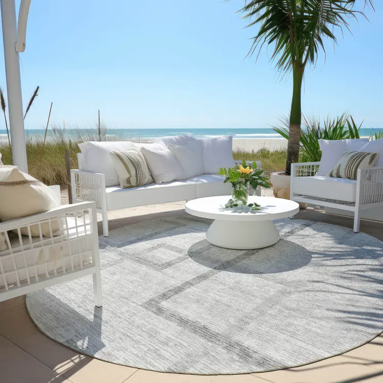8' Gray Charcoal And Silver Round Geometric Washable Indoor Outdoor Area Rug
