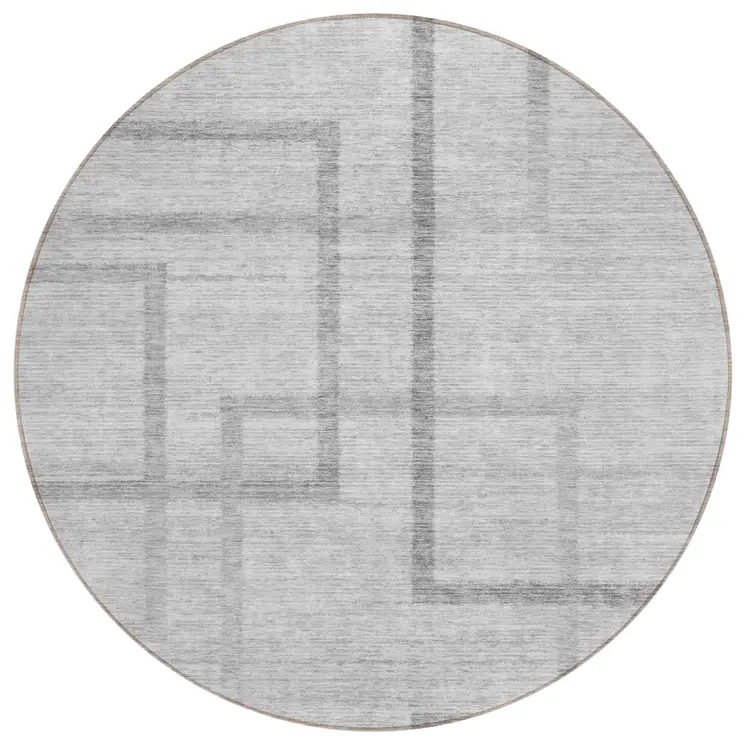8' Gray Charcoal And Silver Round Geometric Washable Indoor Outdoor Area Rug