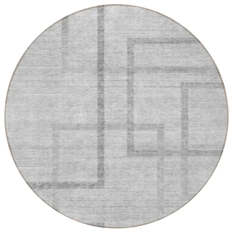 8' Gray Charcoal And Silver Round Geometric Washable Indoor Outdoor Area Rug