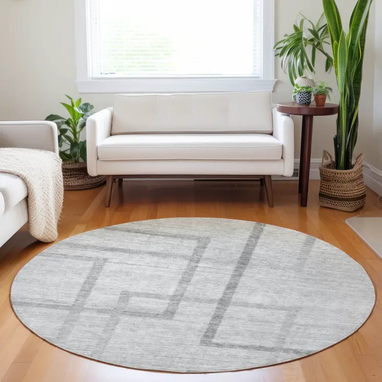 8' Gray Charcoal And Silver Round Geometric Washable Indoor Outdoor Area Rug