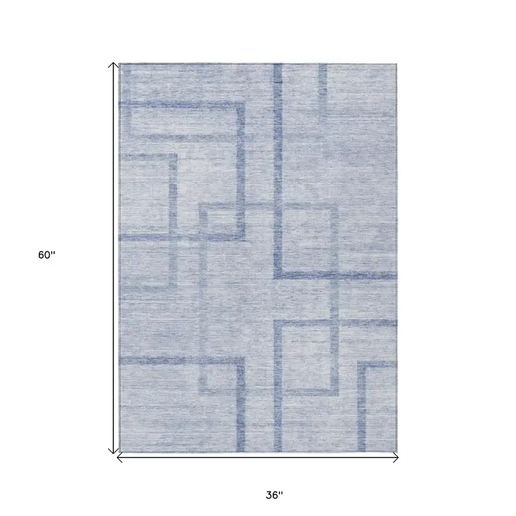 3' X 5' Sky Blue And Denim Blue Geometric Washable Indoor Outdoor Area Rug