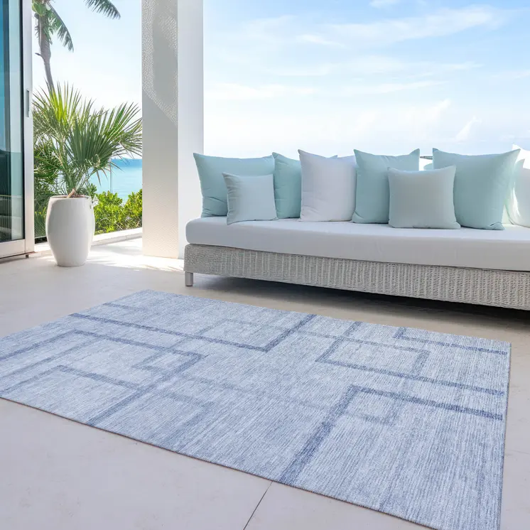 3' X 5' Sky Blue And Denim Blue Geometric Washable Indoor Outdoor Area Rug