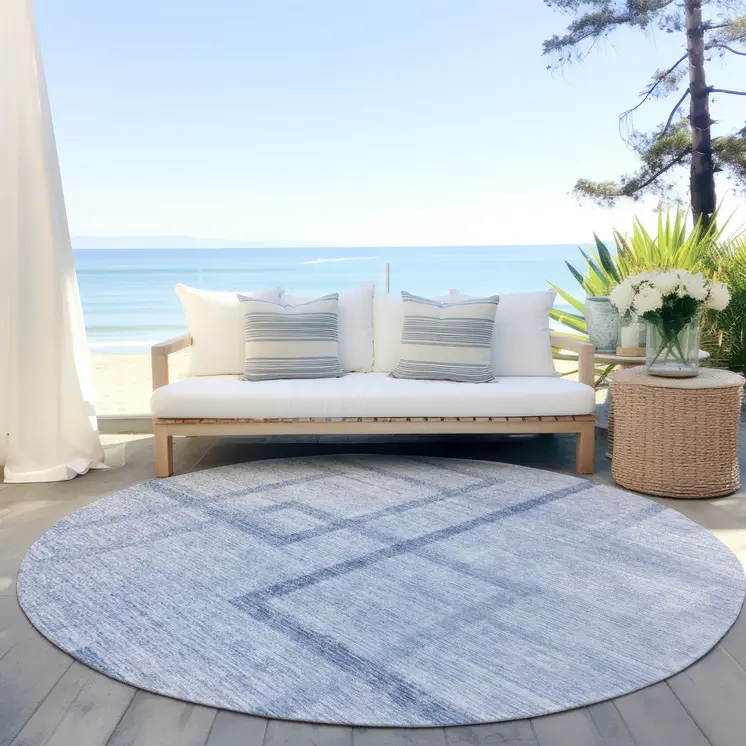 8' Sky Blue And Denim Blue Round Geometric Washable Indoor Outdoor Area Rug