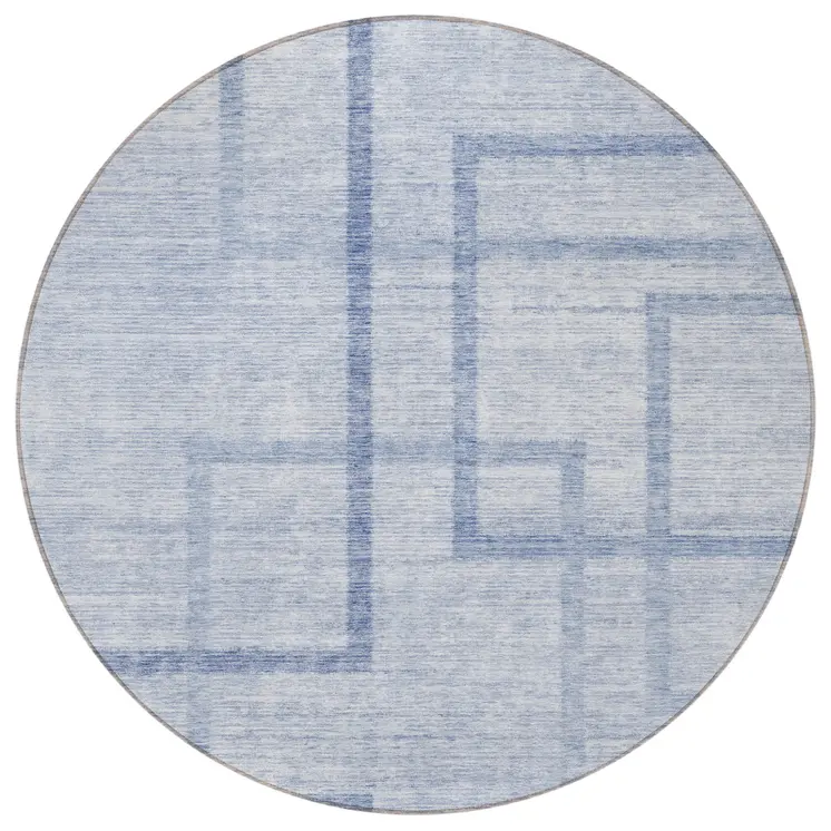 8' Sky Blue And Denim Blue Round Geometric Washable Indoor Outdoor Area Rug