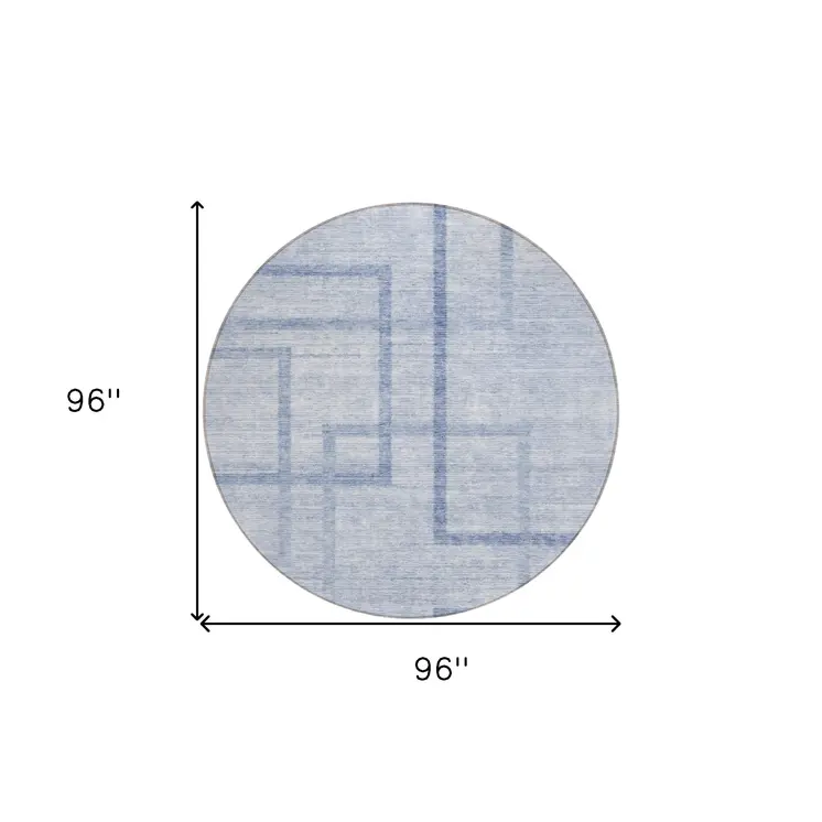8' Sky Blue And Denim Blue Round Geometric Washable Indoor Outdoor Area Rug