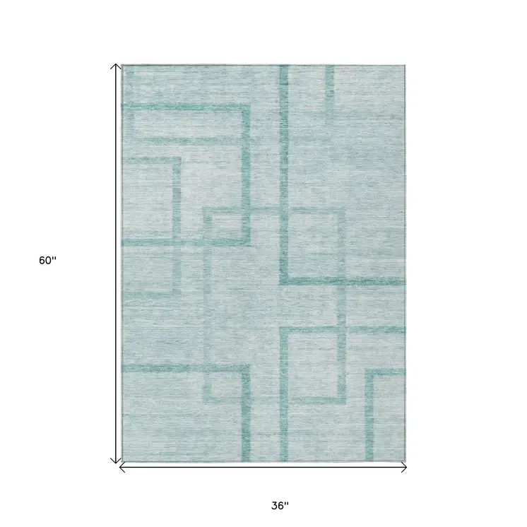 3' X 5' Teal Blue And Aqua Geometric Washable Indoor Outdoor Area Rug