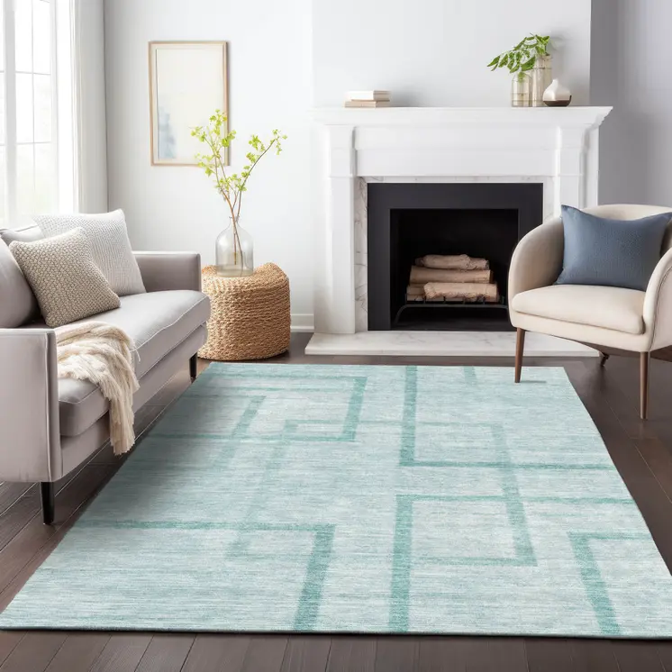 5' X 8' Teal Blue And Aqua Geometric Washable Indoor Outdoor Area Rug
