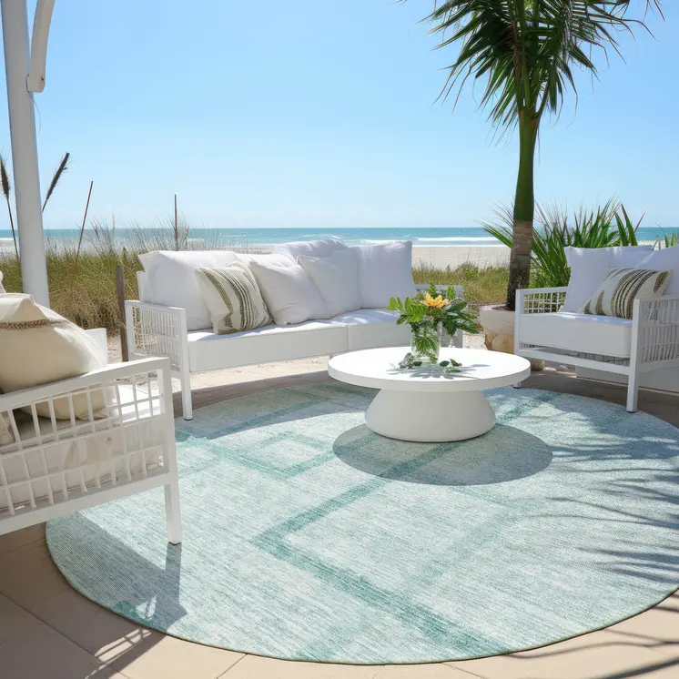 8' Teal Blue And Aqua Round Geometric Washable Indoor Outdoor Area Rug