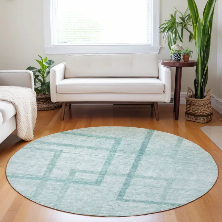 8' Teal Blue And Aqua Round Geometric Washable Indoor Outdoor Area Rug