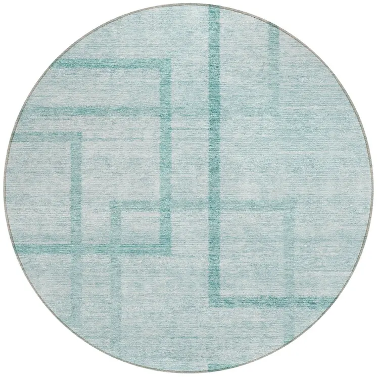 8' Teal Blue And Aqua Round Geometric Washable Indoor Outdoor Area Rug