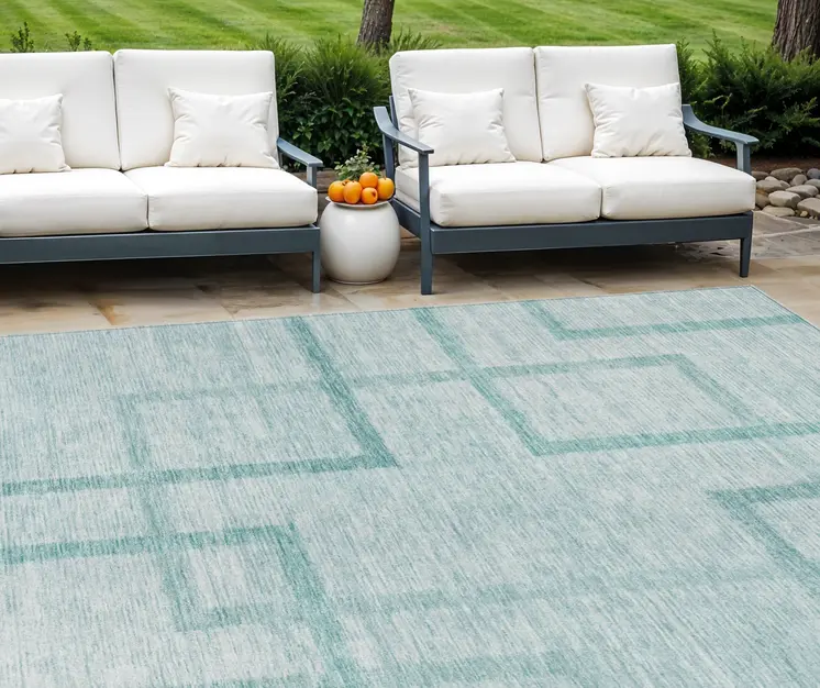8' X 10' Teal Blue And Aqua Geometric Washable Indoor Outdoor Area Rug