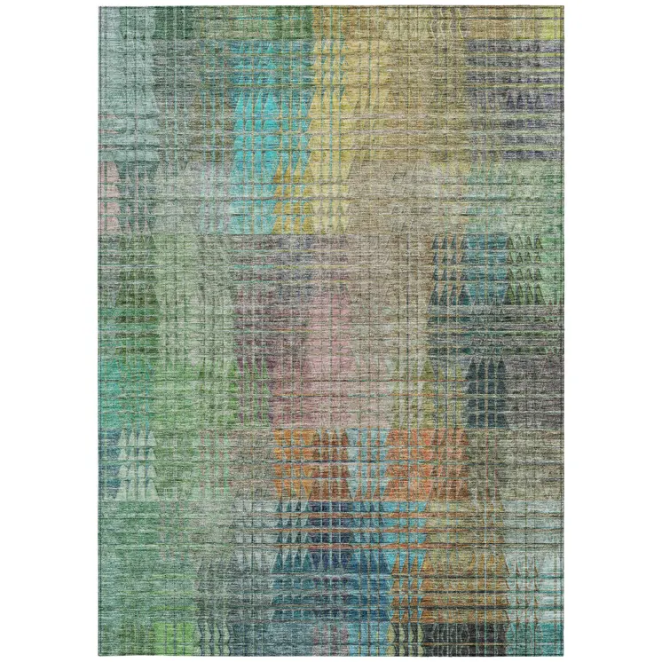 3' X 5' Green Gold And Teal Blue Abstract Washable Indoor Outdoor Area Rug