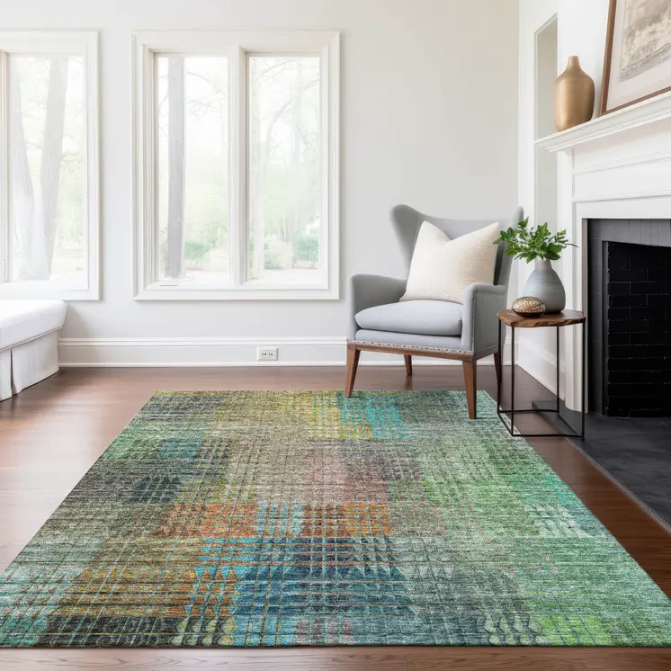 3' X 5' Green Gold And Teal Blue Abstract Washable Indoor Outdoor Area Rug