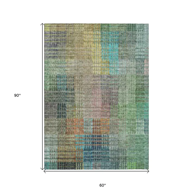 5' X 8' Green Gold And Teal Blue Abstract Washable Indoor Outdoor Area Rug