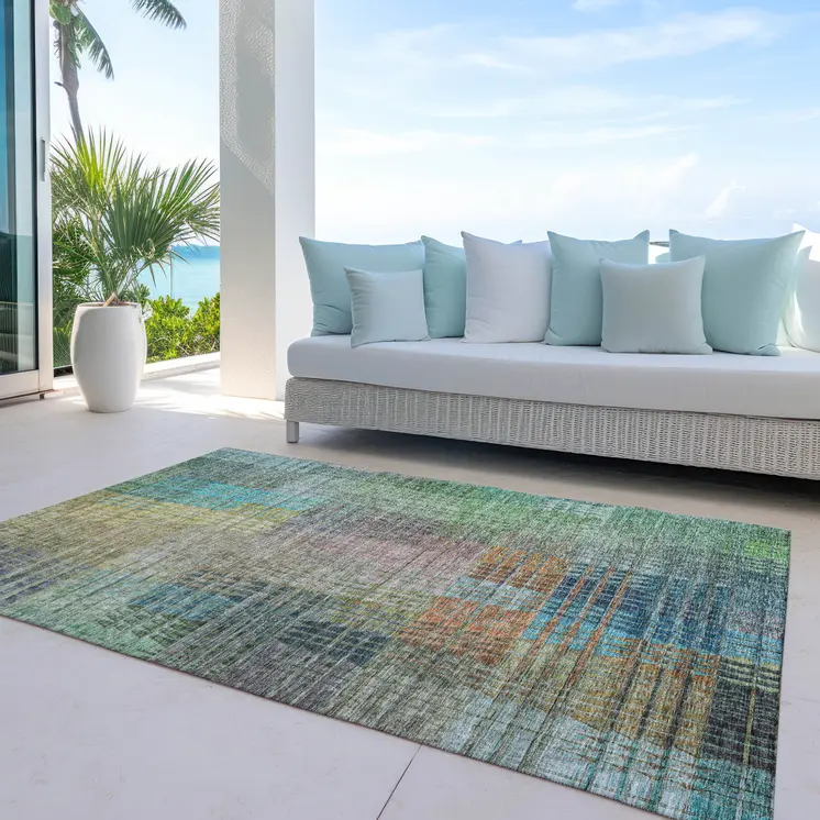 5' X 8' Green Gold And Teal Blue Abstract Washable Indoor Outdoor Area Rug