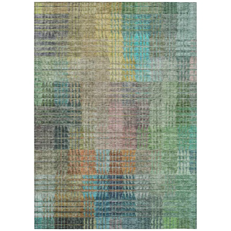 5' X 8' Green Gold And Teal Blue Abstract Washable Indoor Outdoor Area Rug