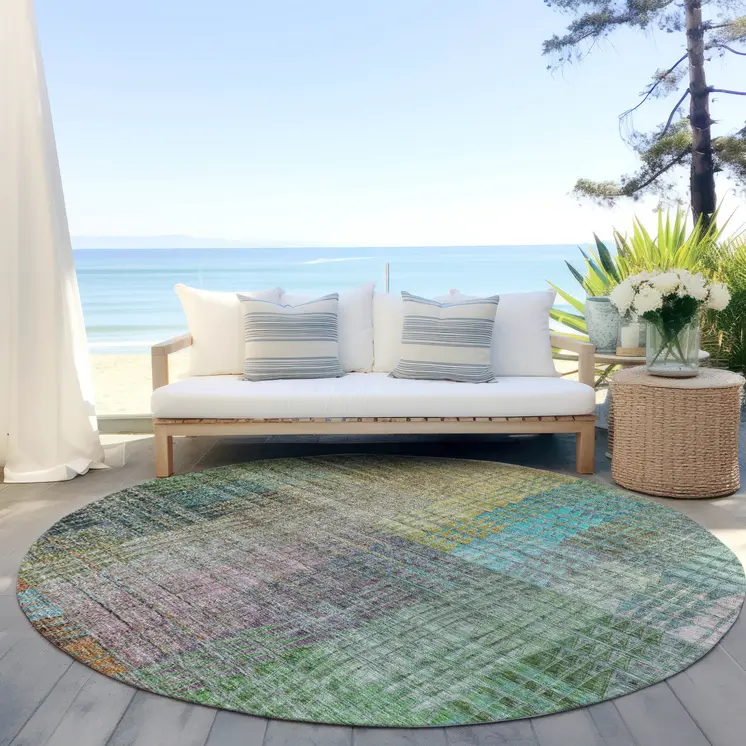 8' Green Gold And Teal Blue Round Abstract Washable Indoor Outdoor Area Rug