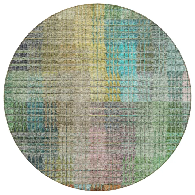 8' Green Gold And Teal Blue Round Abstract Washable Indoor Outdoor Area Rug