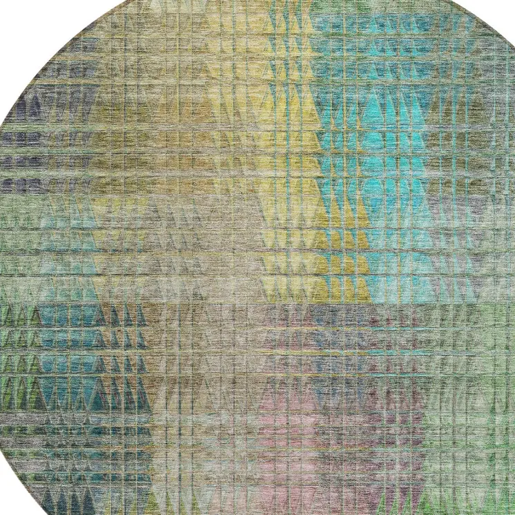8' Green Gold And Teal Blue Round Abstract Washable Indoor Outdoor Area Rug