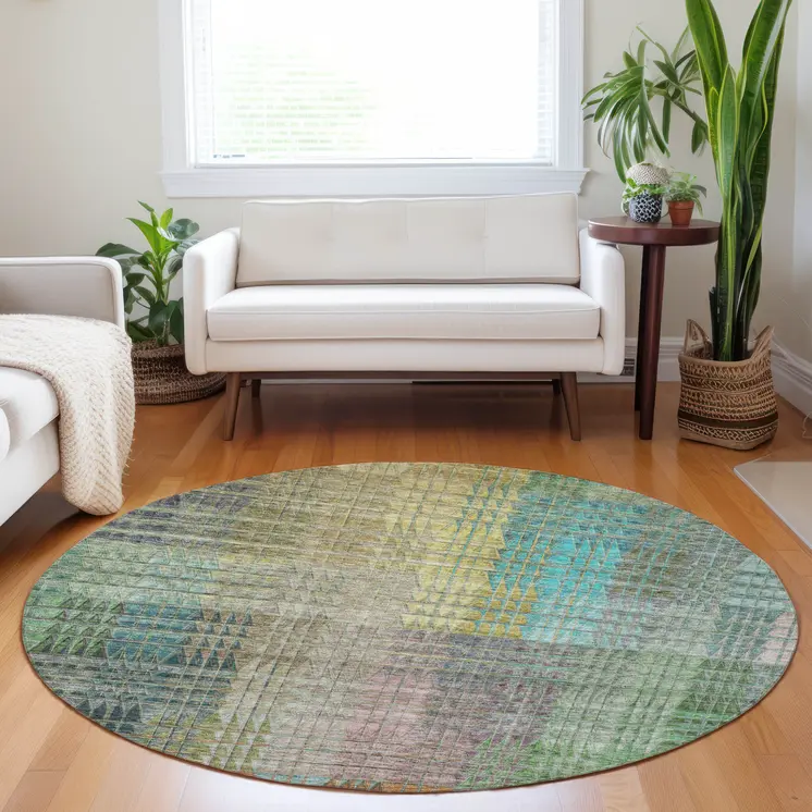 8' Green Gold And Teal Blue Round Abstract Washable Indoor Outdoor Area Rug
