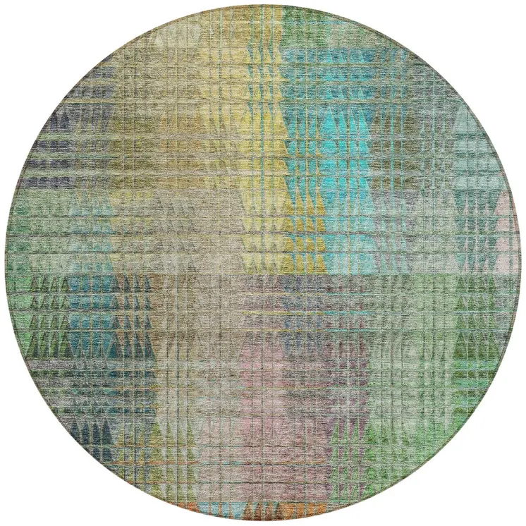 8' Green Gold And Teal Blue Round Abstract Washable Indoor Outdoor Area Rug