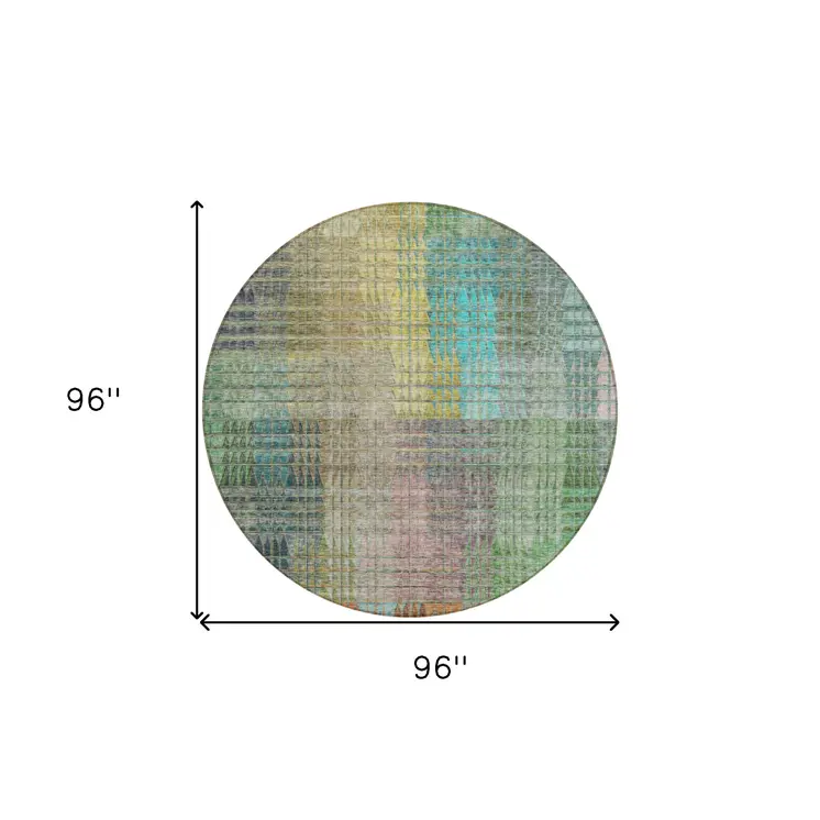 8' Green Gold And Teal Blue Round Abstract Washable Indoor Outdoor Area Rug