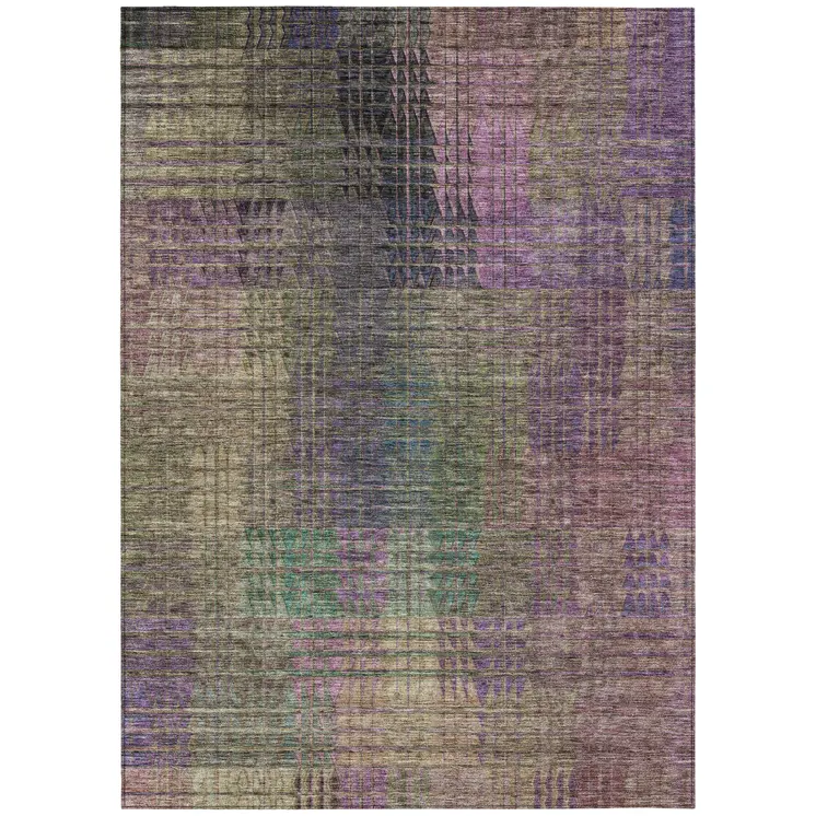 3' X 5' Plum Olive Green And Lavender Abstract Washable Indoor Outdoor Area Rug