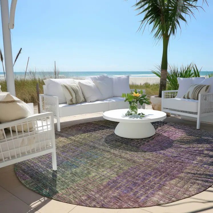 8' Plum Olive Green And Lavender Round Abstract Washable Indoor Outdoor Area Rug
