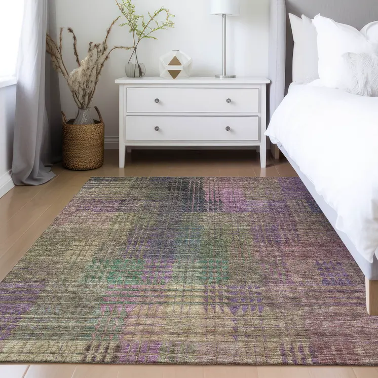 9' X 12' Plum Olive Green And Lavender Abstract Washable Indoor Outdoor Area Rug