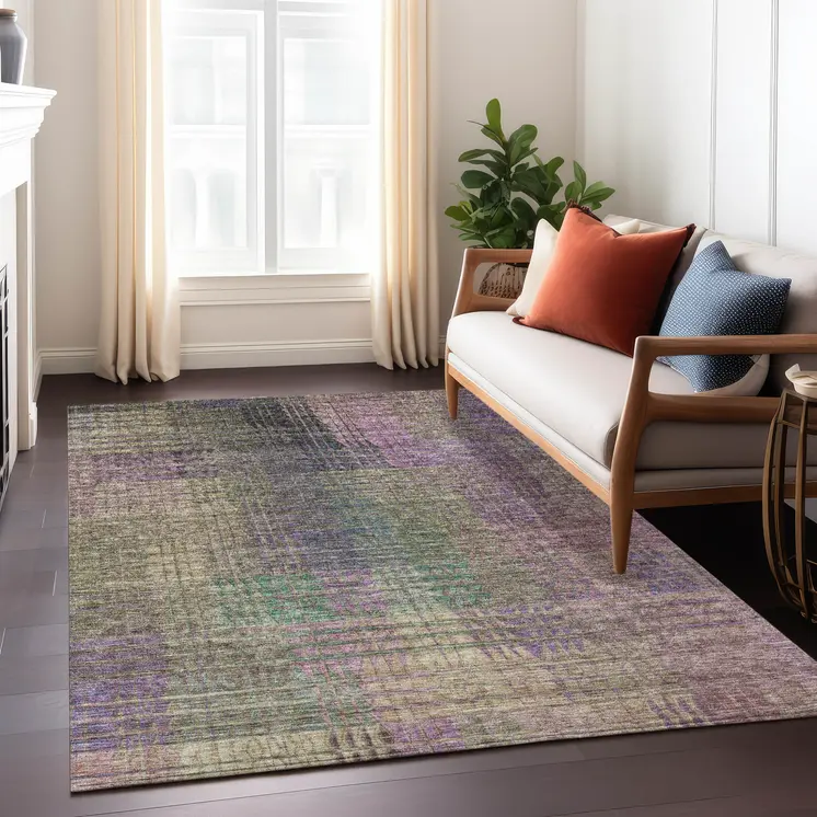 10' X 14' Plum Olive Green And Lavender Abstract Washable Indoor Outdoor Area Rug