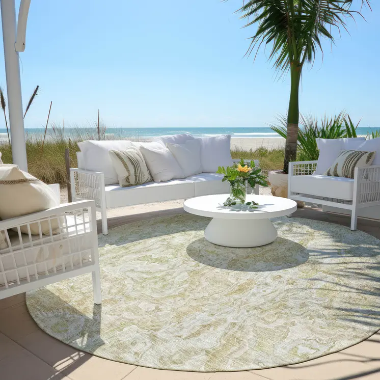 8' Beige Tan And Taupe Round Abstract Washable Indoor Outdoor Area Rug