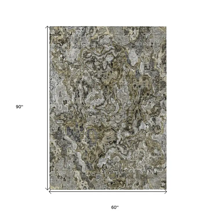 5' X 8' Brown Beige And Tan Abstract Washable Indoor Outdoor Area Rug