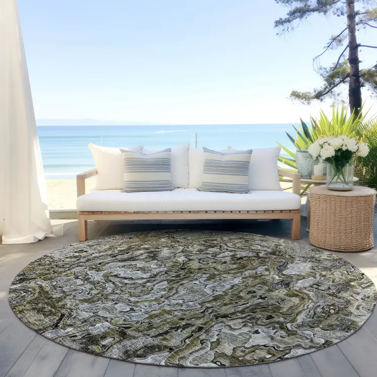 8' Brown Beige And Tan Round Abstract Washable Indoor Outdoor Area Rug