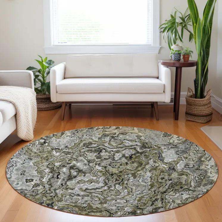 8' Brown Beige And Tan Round Abstract Washable Indoor Outdoor Area Rug