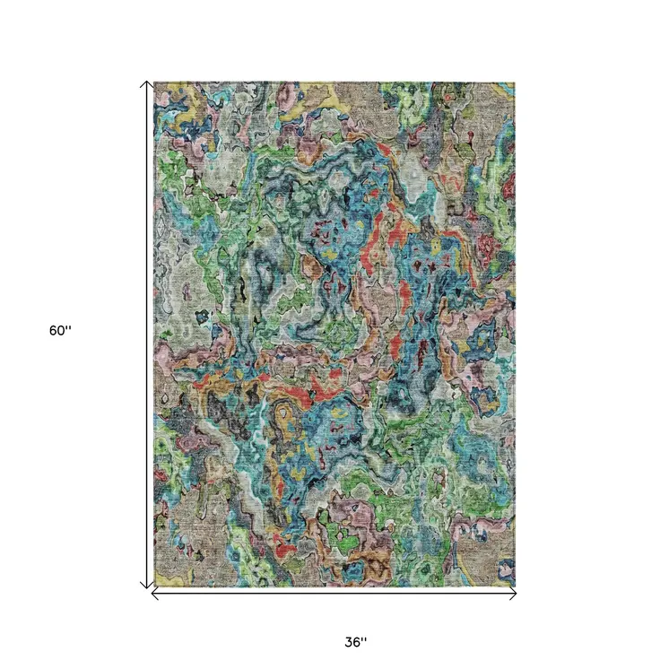 3' X 5' Orange And Teal Blue Abstract Washable Indoor Outdoor Area Rug