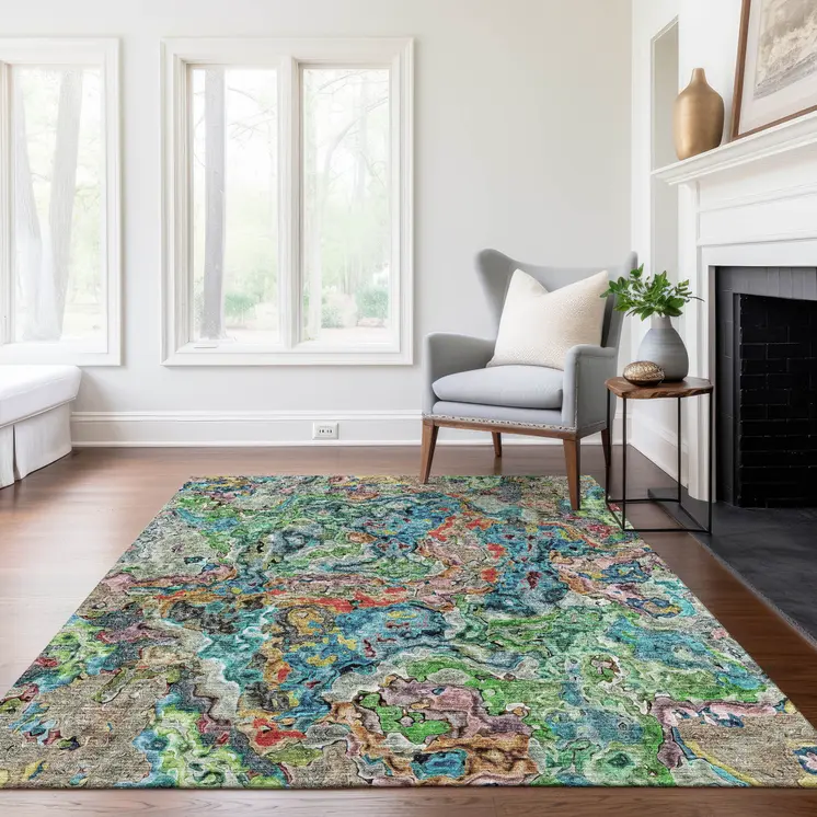 5' X 8' Orange And Teal Blue Abstract Washable Indoor Outdoor Area Rug