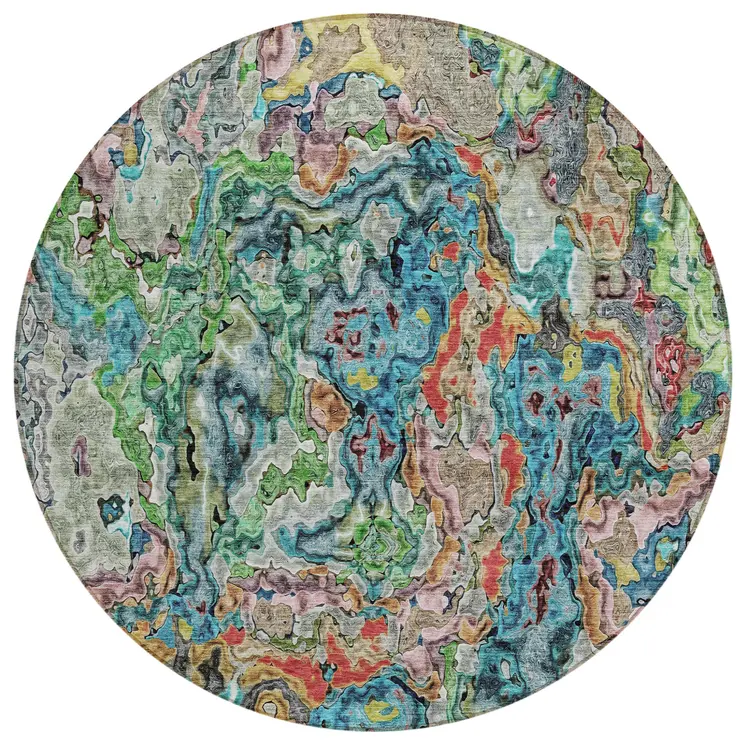 8' Orange And Teal Blue Round Abstract Washable Indoor Outdoor Area Rug