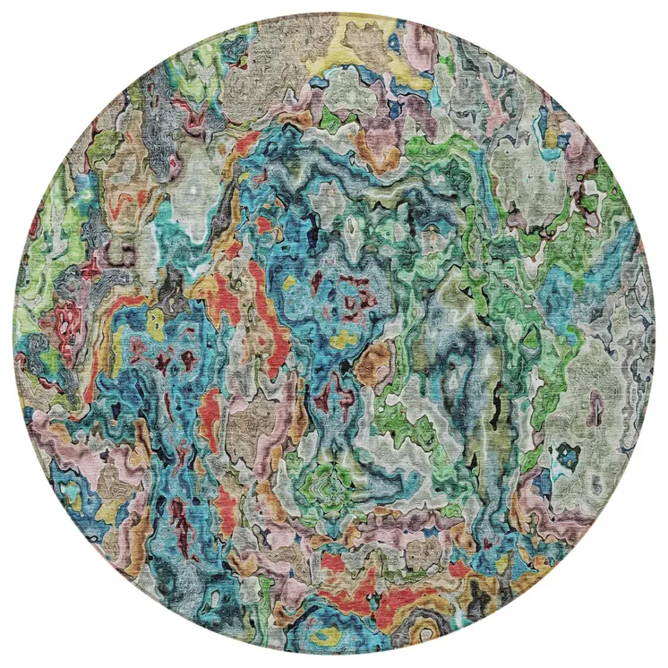 8' Orange And Teal Blue Round Abstract Washable Indoor Outdoor Area Rug