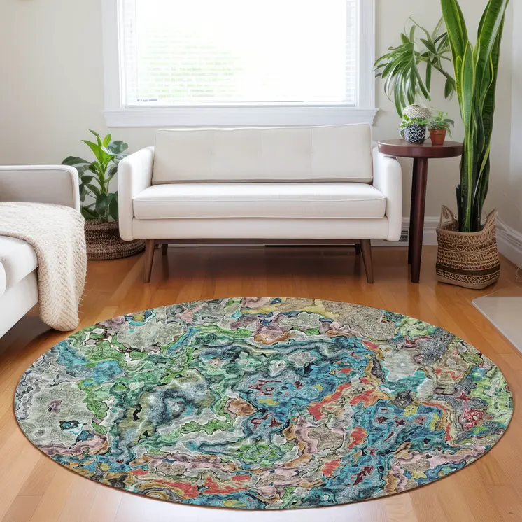 8' Orange And Teal Blue Round Abstract Washable Indoor Outdoor Area Rug