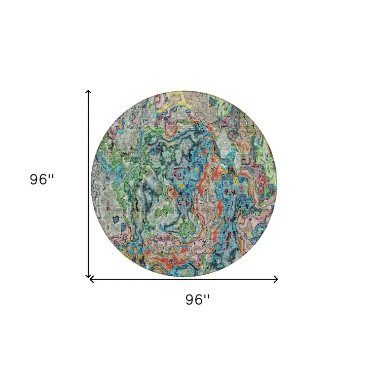 8' Orange And Teal Blue Round Abstract Washable Indoor Outdoor Area Rug