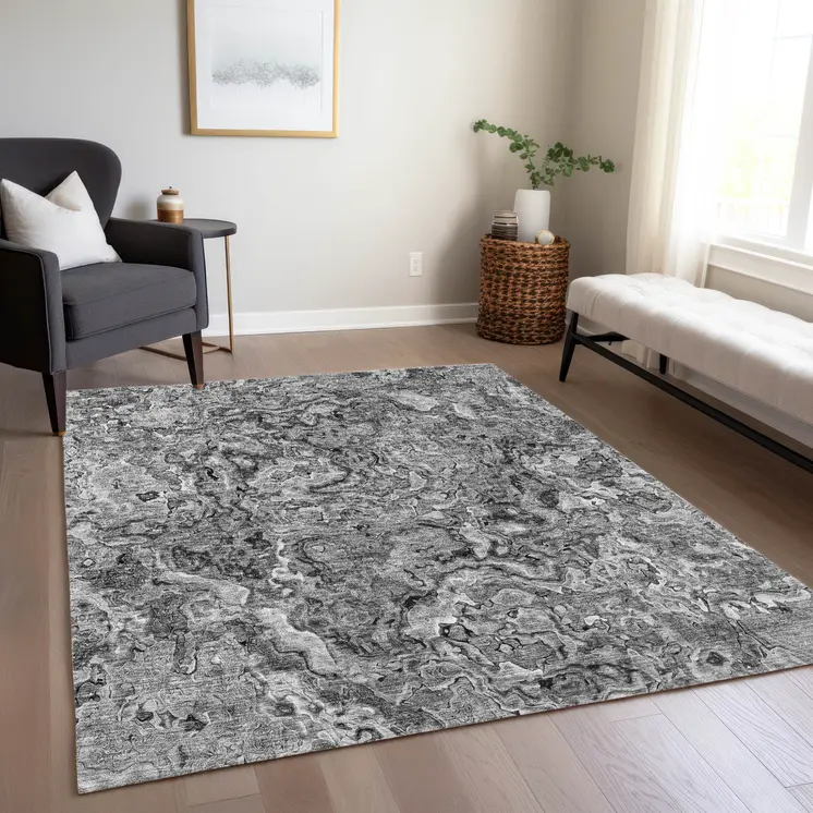 3' X 5' Gray Charcoal And Silver Abstract Washable Indoor Outdoor Area Rug